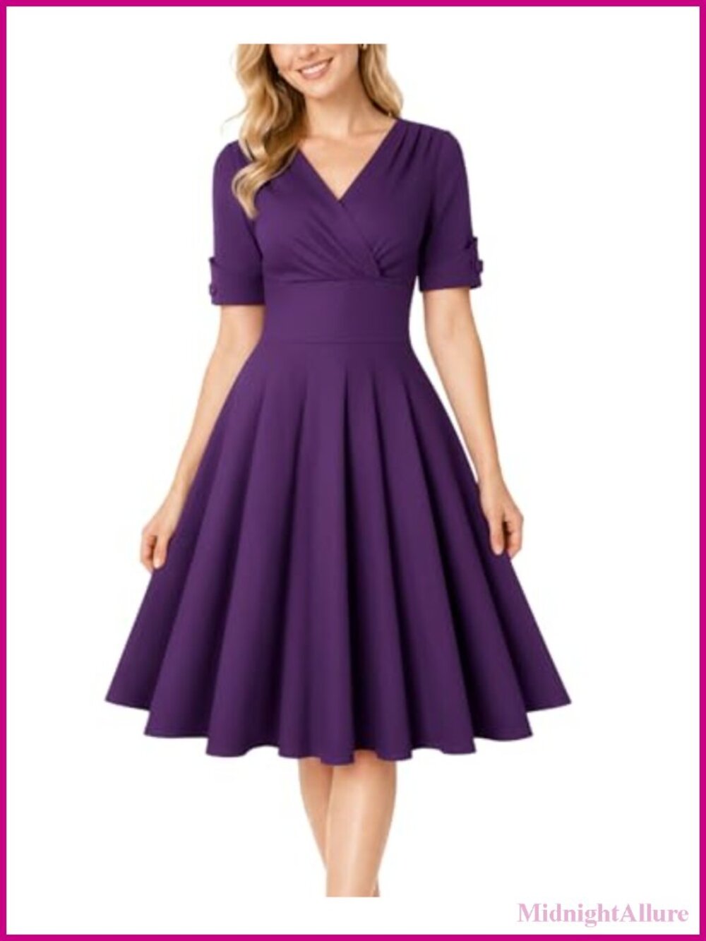 1950s Vintage Wrap V Neck Half Sleeve Retro Cocktail Swing Dress A-line